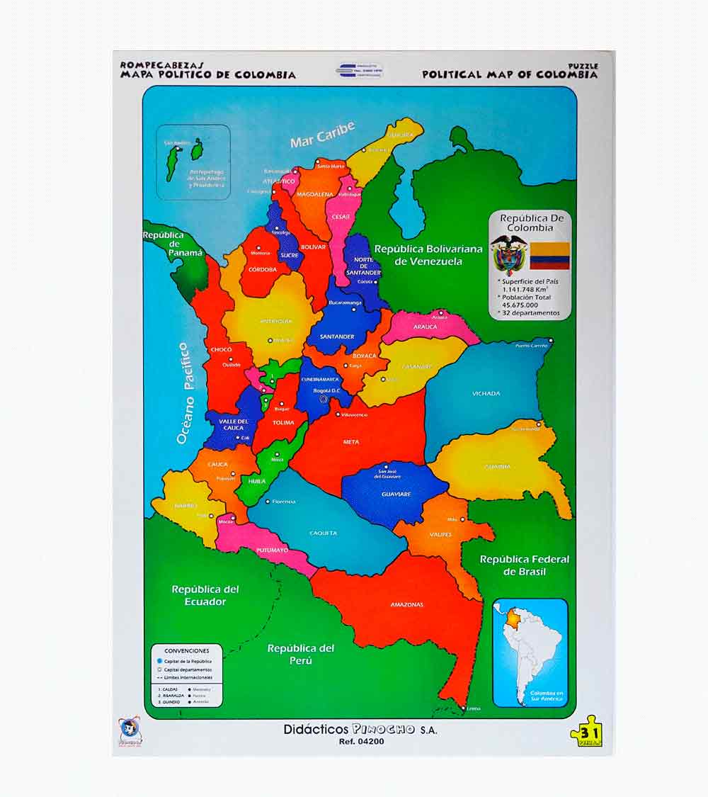 Rompecabezas Mapa Político Colombia Grande 31 Pzs Didacticos Pinocho 
